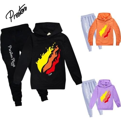 2-16Y Kids Printed Cotton PrestonplayZ Boys Girls Hoodie Sweater+Black Grey Pants Sports Fashion Casual Spring Autumn Suit