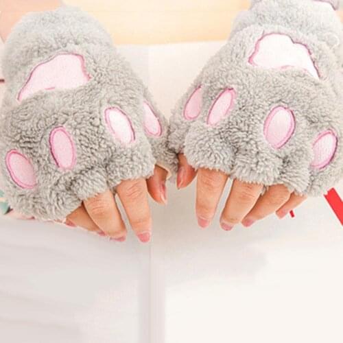 Women Cute Claw Paw Plush Mittens Warm Soft Plush Short Fingerless Fluffy Bear Half Finger Gloves