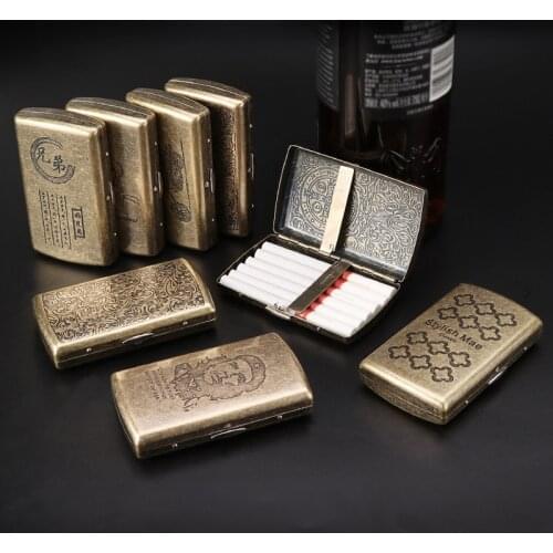 Vintage Metal Brass Cigarette Case with Gift Box Container 12 Pcs Regular Size Cigarettes Tobacco Holder Pocket Box Storage