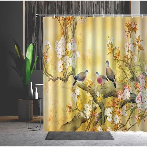 3D Waterproof Shower Curtain Chinese Style Red Yellow Flowers Bird Machine Washable Bathtub Decoration Bath Curtains With Hooks