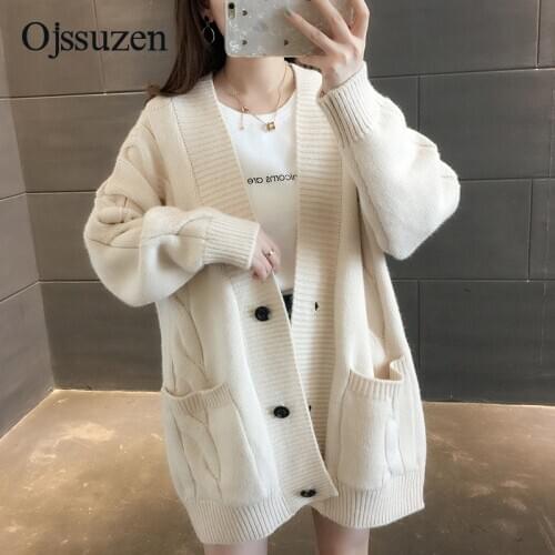 Oversize Cardigan Womens Sweater Beige Long Winter Female Cardigan Blue Khaki Button Pocket Large Size Knitting Clothing Woman