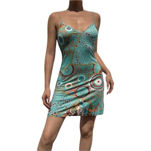 Women Temperament Short Suspender Dress Summer Sexy Circle Geometric Printing V-neck Sleeveless Backless Slim Slip Dress 2021