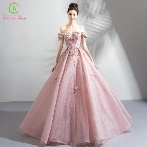 SSYFashion New Luxury Lace Evening Dress Sweet Pink Appliques Beading Floor-length Formal Dresses Elegant Banquet Party Gown