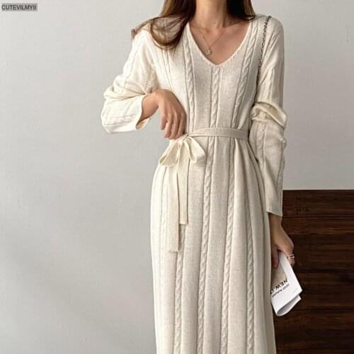 Stretchy Winter Loose Straight Knitted Dress Women V-neck Lace-up Female Full Sleeve Sweater Dress Casual Long Knitted Vestidos