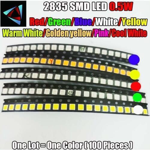 100pcs 2835 0.5W Ultra Bright SMD Led Values Red/Green/Blue/White/Yellow /Warm White/Pink/Golden yellow Cool White LED kit