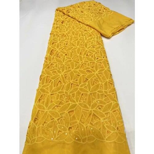 5yards/pc) Yellow soft African party lace newest laser cut chiffon lace fabric with sequins embroidery for party dress WZZ028