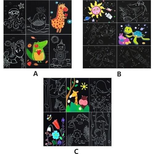 6 Sheets Coloring Magic Rainbow Scratching Painting Paper Cards with Bamboo Stick for Children Kids DIY Craft Drawing Art Tools