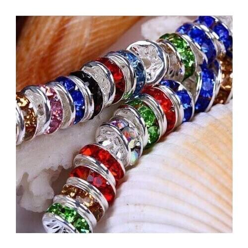 Rt4sng 10MM Mixed Color Spacer Metal Silver Plated Rondelle Rhinestone Loose Beads For DIY Jewelry Making crystal