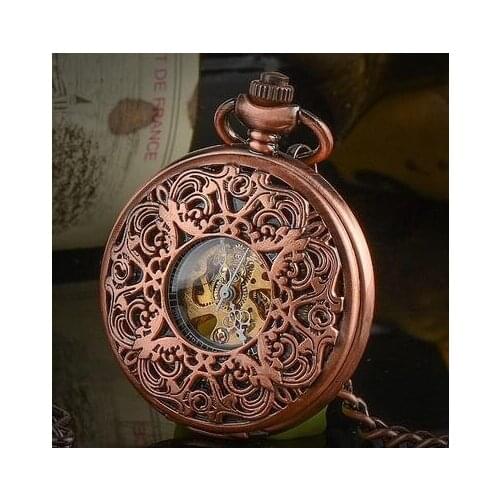 10pcs/lot Antique Red Hollowed Palace FlowersMechanical Pocket Watch Men Watches Roman NumeralsDial with Chain Gift Collection