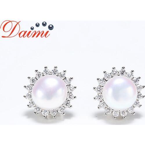 DMCEFP023 7-8mm Pearl Earrings Sun-Shape Real 925 Sterling Silver Earrings For Women