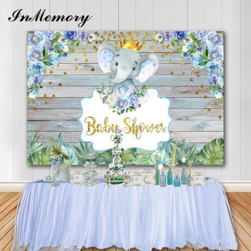 InMemory 2020 New Baby Shower Background Baby Elephant Wooden Board Flowers Newborn Photography Backgrounds Photo Studio Props