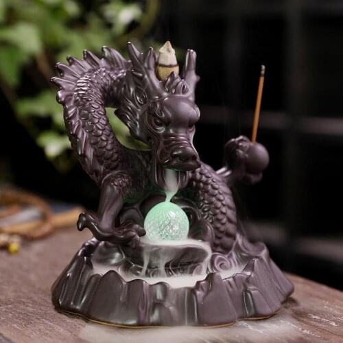 Dragon Backflow Incense Burner With Ball Smoke Waterfall Incense Stick Holder With Led Purple Clay Ceramic Chinese Dragon Crafts