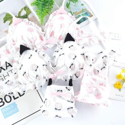 2021 Cute Cartoon Ear Bra Set Girl Print Cat Paw Lolita Three-dimensional Bra Panties My Melody Pattern Sweet Bow Underwear Set