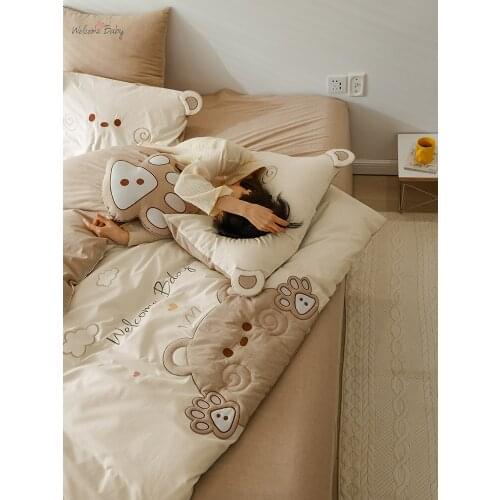 Cute Embroidered Washed Cotton Bed Four-Piece Set Pure Cotton All Cotton Super Soft Cartoon Duvet Cover Bed Sheet