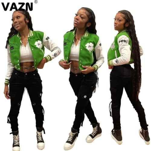 VAZN 2020 Hot Popular Green Casual Elegant Joker Simple Energy Embroidery Full Sleeve Women Short Baseball Wear Outwears