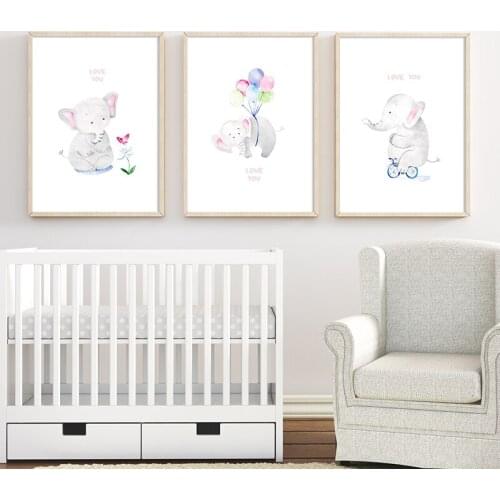 Cute Animal Poster Elephant Canvas Painting Balloon Butterfly Nursery Wall Art Print Picture Quotes Kids Baby Room Decoration