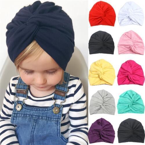 2019 New Cute Newborn Toddler Kids Baby Boy Girl Turban Cotton Beanie Hat Caps Solid Gray Green Pink Black 0-2Y