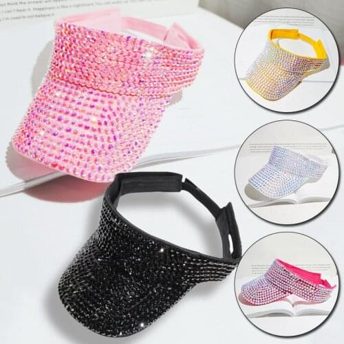 New Women Sun Hat Shining Rhinestone Empty Top Beach Hat Adjustable UV Protection Tennis Golf Running Travel Outdoor Visors Cap
