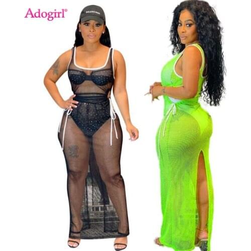 Adogirl Sheer Mesh Drawstring Maxi Tank Dress Women Sexy Patchwork Sleeveless Back Split Club Party Long Vestidos Bikini Cover