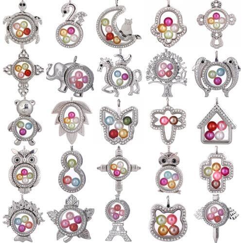 Floating Living Memory Locket Pendant fit 8mm Beads Pearl Cage Rhinestone Photo Charms Pendant with Steel Chain Necklace or no