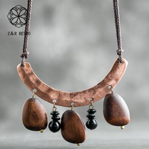Wooden Beads Pendant Jewelry for Women Long Necklace Vintage necklaces & pendants Jewellery Suspension collar Brown Rope Chokers