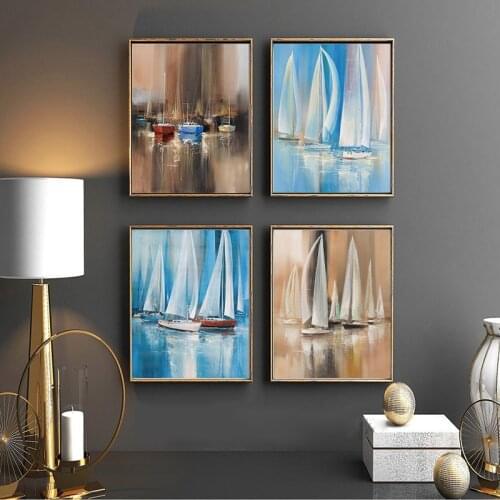 Psychedelic Surrealism Abstract Sail Boat in the ocean Canvas Oil Painting Poster Prints Wall Art Picture Living Room Home Decor