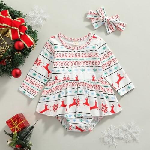 FOCUSNORM Christmas Baby Girls Boys Lovely Romper 2PCS Xmas Deer Printed Long Sleeve Ruffles Dress Jumpsuits 0-18M