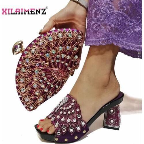 High Quality Peacock Design Shoes and Bag Set Decorate with Rhinestone 9 CM Super High in Purple Color Strange Style Slipper