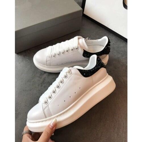 White Wedges Sneakers for Women Rhinestone Decor Lace Up Genuine Leather 2020 New Style Fashion Design Luxury Brand Women Shoes