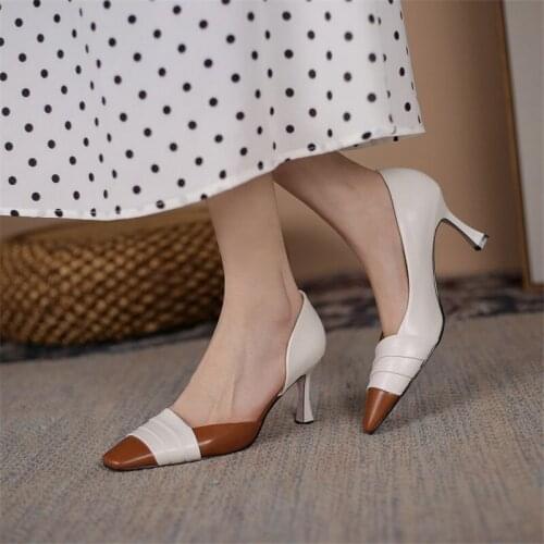 French Retro High-heeled Shoes Womens 2021 New Style Spring Stiletto Square Head Mixed Color Ladies Single Shoes Shallow Mouth