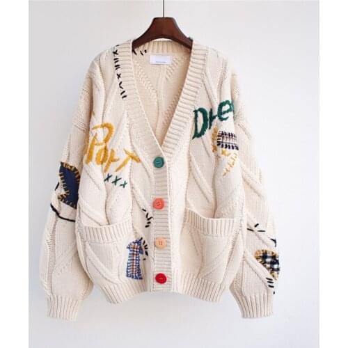 2021 Autumn Winter Women Cardigan Warm Knitted Sweater Jacket Pocket Embroidery Fashion Knit Cardigans Coat Lady Loose Sweaters