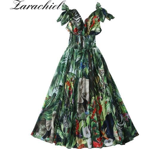 Runway Forest Animal Print Green Maxi Dress 2020 Summer Womens Bow tie Strap V-Neck High Elastic Waist Chiffon Long Dress