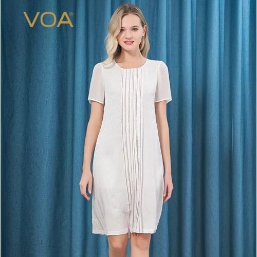 VOA Silk 22m/m Ivory White Jacquard Womens Short-Sleeved Pleated Design Open-Wire Decoration Elastic Waist Dress AE20