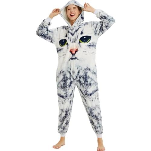 Adults All in One Winter Warm Soft Pyjamas Cartoon Cat Onesies One Piece Pijamas Hooded Sleepwear Women Men Animal Pajamas