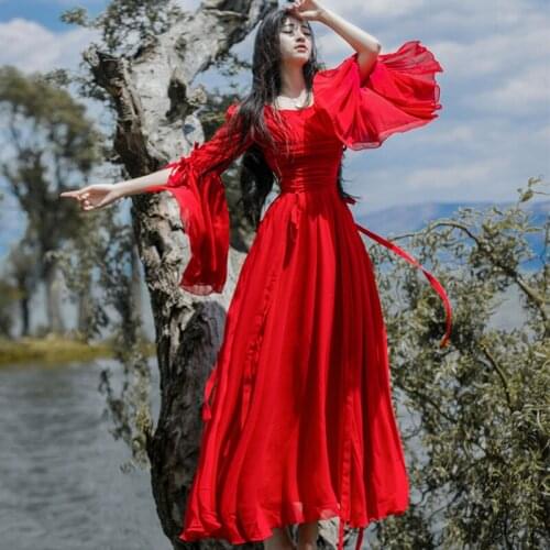 2021 Summer Chiffon Dresses Womens Elegant O-neck Red White Wrist Sleeve Casual A-line Maxi Beach Party Dress Vestido