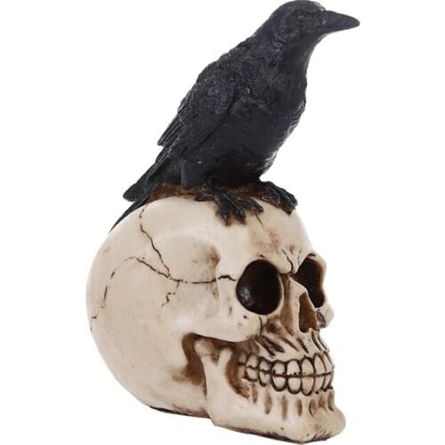 21cm Resin Crow Skull Horror Figurines Sculpture Ornament Halloween Party Decor Garden Statues Personality Art Skull Head