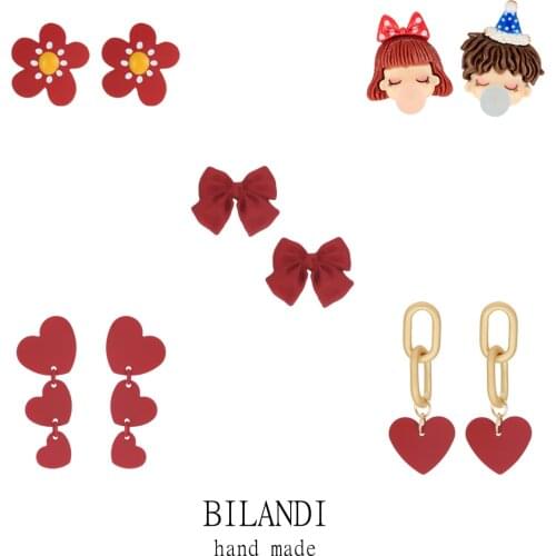 Bilandi S925 needle Trendy Jewelry Red Earrings New Design Sweet Korean Flower Heart Bow Carton Portrait Earrings For Girl Gifts