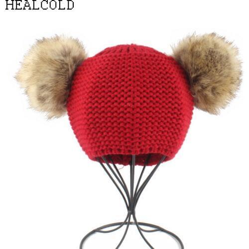 2018 New Fashion Children Hat For Girls Winter Baby Hat Boys Warm Knitted Baby Cap Two Fur Pompoms Hats For kids