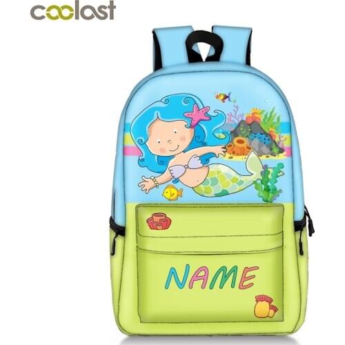 Custom Your Name Backpack Cartoon Mermaid / Princess / Animal /Locomotive Children School Bags Teenage Boys Girls Backpacks Gift
