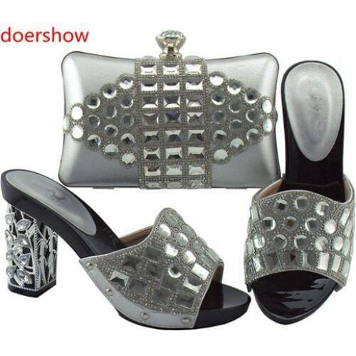Doershow New silver shoes with matching bag set lemon crystal Bride Payty Dress shoes and Heart Purse women shoesl! HUU1-7