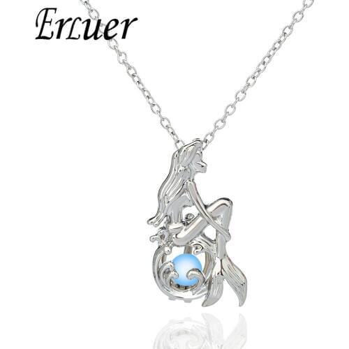 ERLUER Pretty Mermaid Luminous Pendant Necklaces For Women Bead Glow In The Dark Silver Plated Fashion Necklace Halloween gift