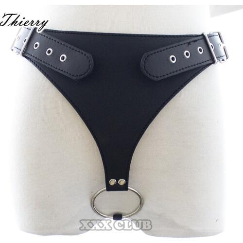 Thierry Erotic adjustable Chastity panty for women, Leather Chastity Thong with a ring, sex toys for Lesbian or Gay adult games