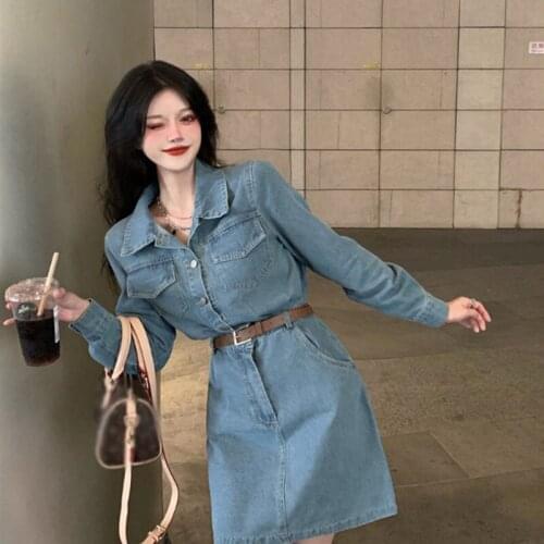 KoreanAutumn Vintage Sweet Denim Dress Women France High Waist Long Sleeve Elegant Mini Dress Spring Slim Party Casual Clothes