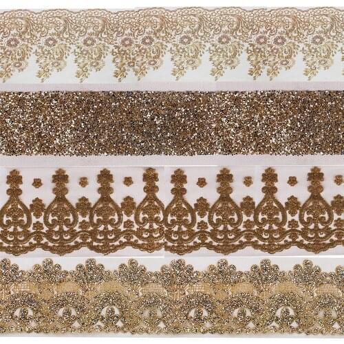 5y Glitter Gold Sequin Lace Trim Flower Applique Ribbon Fabric Motif Trimming Venice for Clothes Dress DIY Sewing Craft T2770