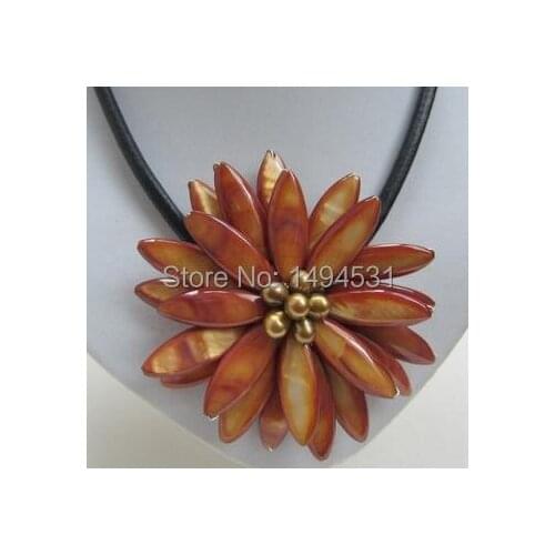New Arriver Flower Jewelry Classic Baroque Freshwater Cultured Pearl Shell Flower Leather Necklace - Free Shipping
