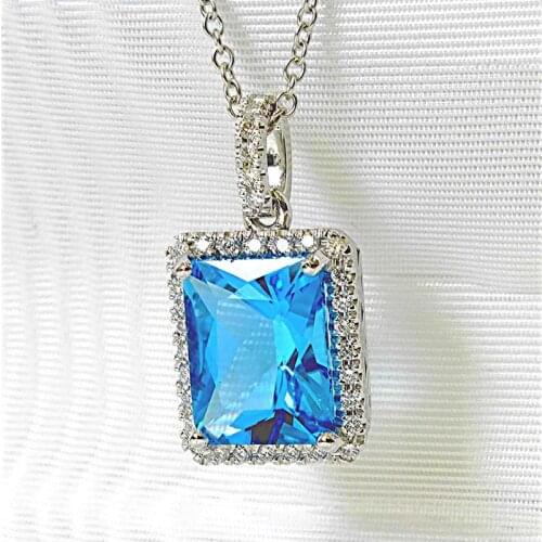 Huitan Bright Blue Cubic Zirconia Square Pendant Necklace for Women High Quality Silver Color Fashion Necklaces Party Jewelry