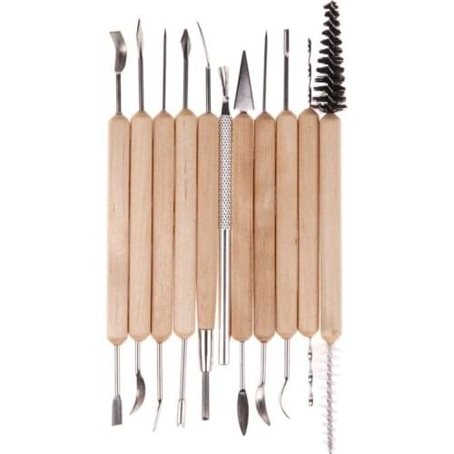 11Pcs/Set Clay Sculpting Sculpt Smoothing Wax Carving Pottery Ceramic Tools Polymer Shapers Modeling Carved Tool Wood Handle