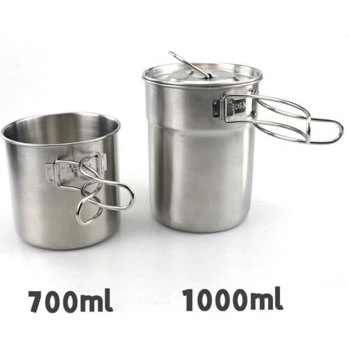 700ml+1000ml Stainless Steel Pot Portable Camping Water Mug Cup With Lid&Foldable Handle Outdoor Camping Cooking Picnic