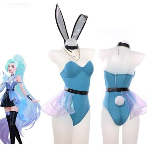 Bunny Girl Cosplay LOL KDA Cos Seraphine Cosplay Costumes with Sexy Punk Choker Collar and Bunny Ears Sexy Women Party Dress