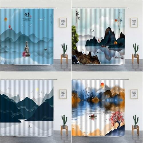 Chinese Style Landscape Shower Curtains Set China Ink Painting Sun Mountain Forest Luxury Bathroom Decor Screen Hooks Washable